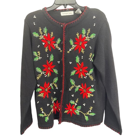 Victoria Jones Women’s Christmas Sweater M Black Embroidered Floral Cardigan - Picture 2 of 7
